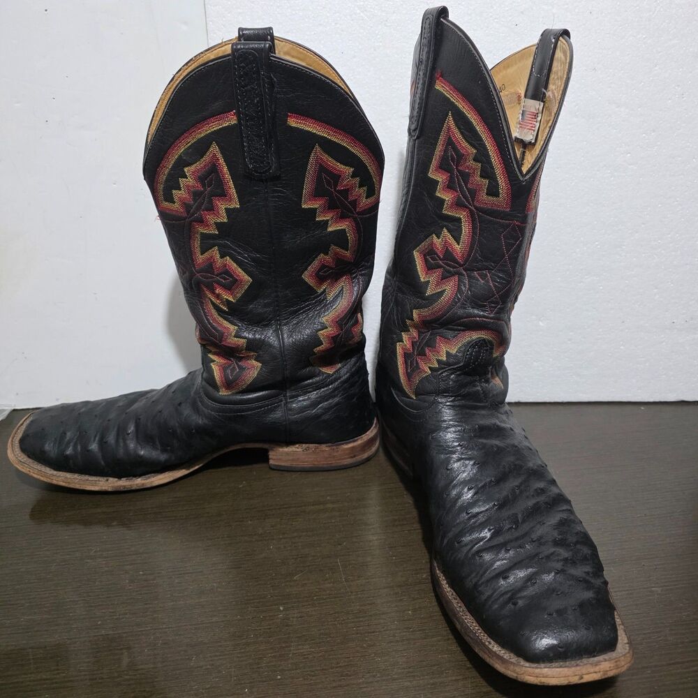 Anderson Bean Smooth Quill Ostrich Cowboy Square Toe Boots Black USA Made 14D